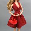 Puppenkleid für Barbie-Puppen, Kleidung, Outfit, V-Ausschnitt, Partykleid für Barbie-Puppenhaus, Hut, Handtasche, Schuhe, Stiefel, 1/6 Puppenzubehör, Kind