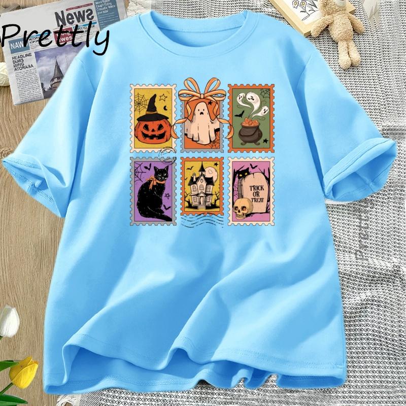 Retro Halloween Cat Ghost T Shirt Girly Halloween Fall Spooky Season Tshirt Pumpkin Spooky Mama Tshirt Casual Short Sleeve