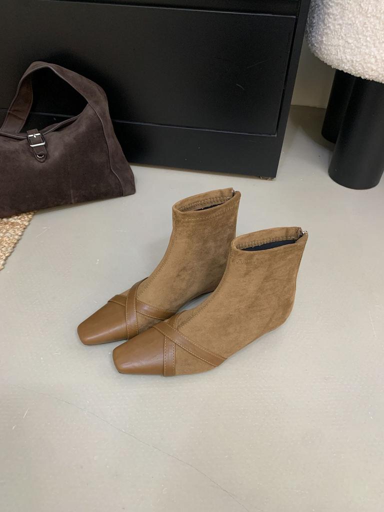 French Retro Suede Huge Good-looking Short Boots Women's Fashion Foreign Low-heeled Small Ankle Boots Square Head Elastic Thin Boots