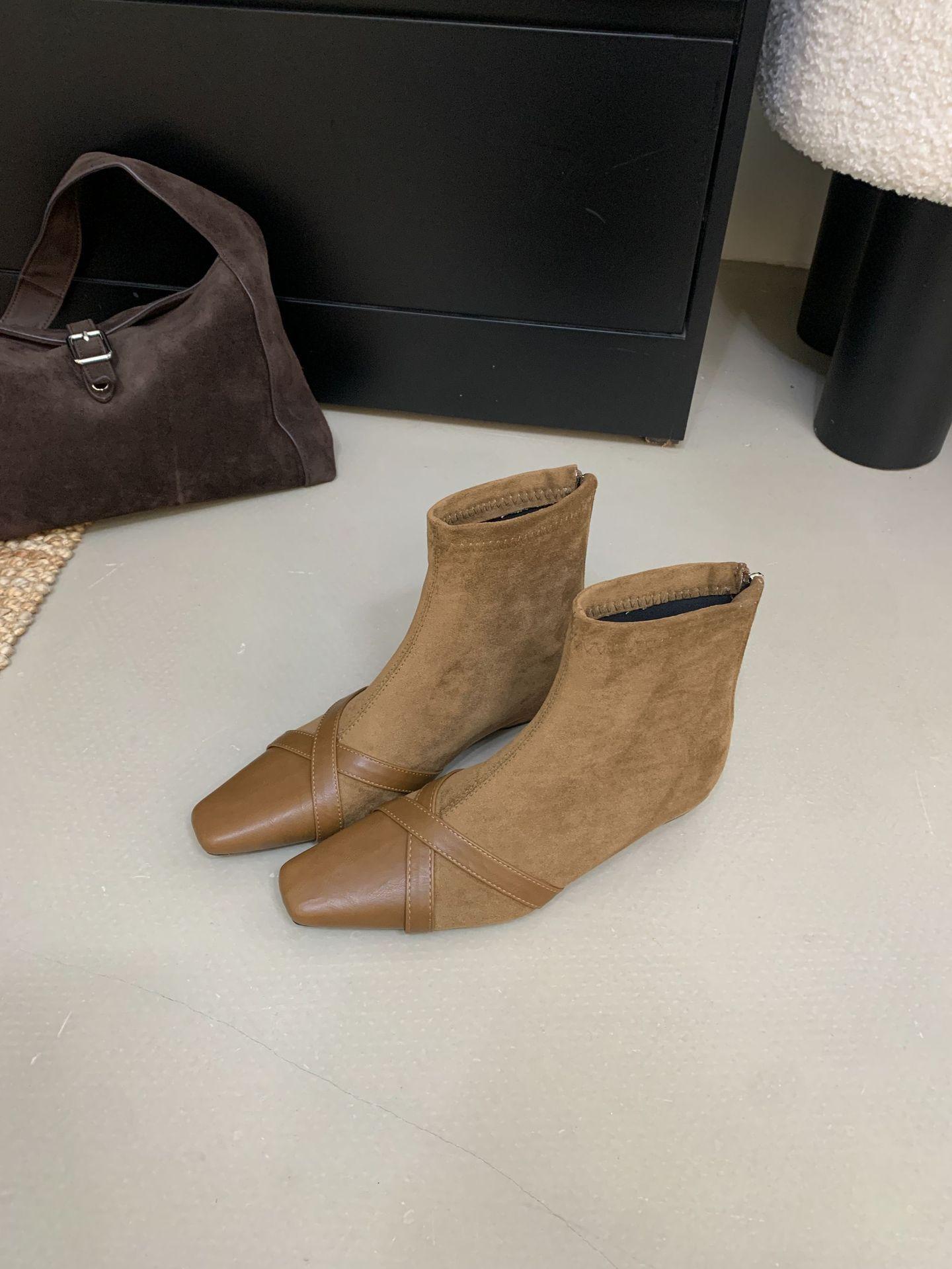 

French retro suede huge good-looking short boots women s fashion foreign low-heeled small ankle boots square head elastic thin boots 39 коричневый