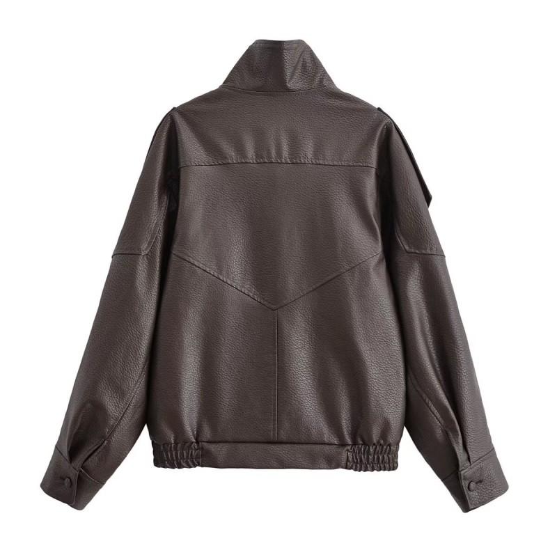 Womens Stand Collar Long Sleeve Faux Leather Jacket With Texture Streetwear Oversized PU Coat Fall 2026