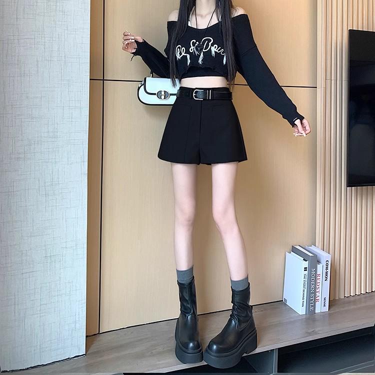 Spring Plus Size A-Line Black High Waist Shorts for Women - Petite, Loose Fit, Wide-Leg, Slimming Suit Style