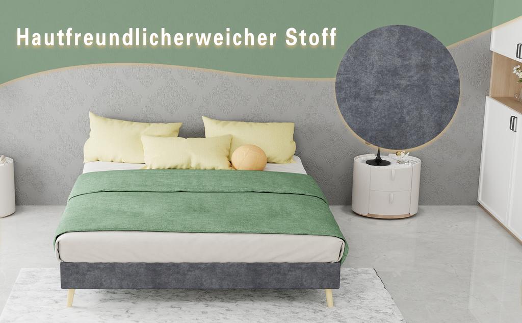 Modern Minimalist Bed Frame, 140x200 cm, Grey, Dutch Velvet Fabric, Low-Profile Base, Bedroom Furniture. Excludes Gas Lift, Headboard, and Mattress.