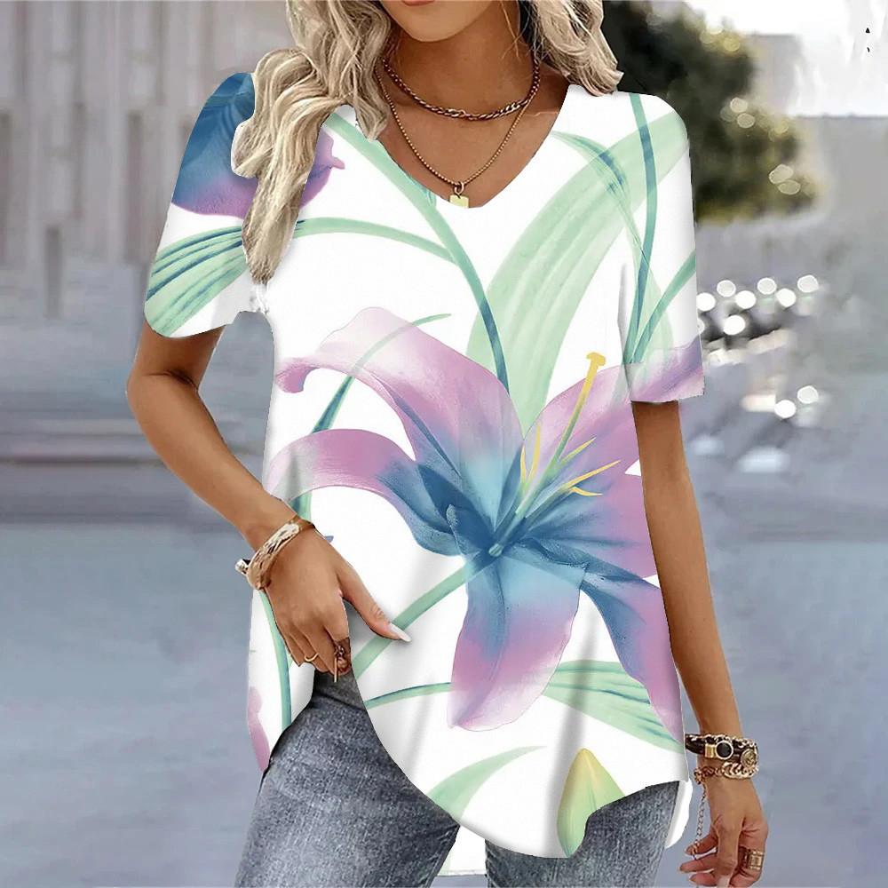 Women's T-shirt 3D Floral Pattern Printing Casual Short-sleeved V-neck Loose Top