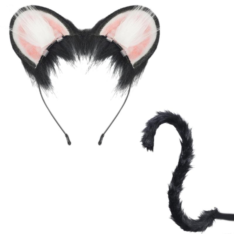 Mouse Costume Accessories Faux Furs Foxes Tail and Ears Headband Set Animal Halloween Cosplay Costume for Women Men