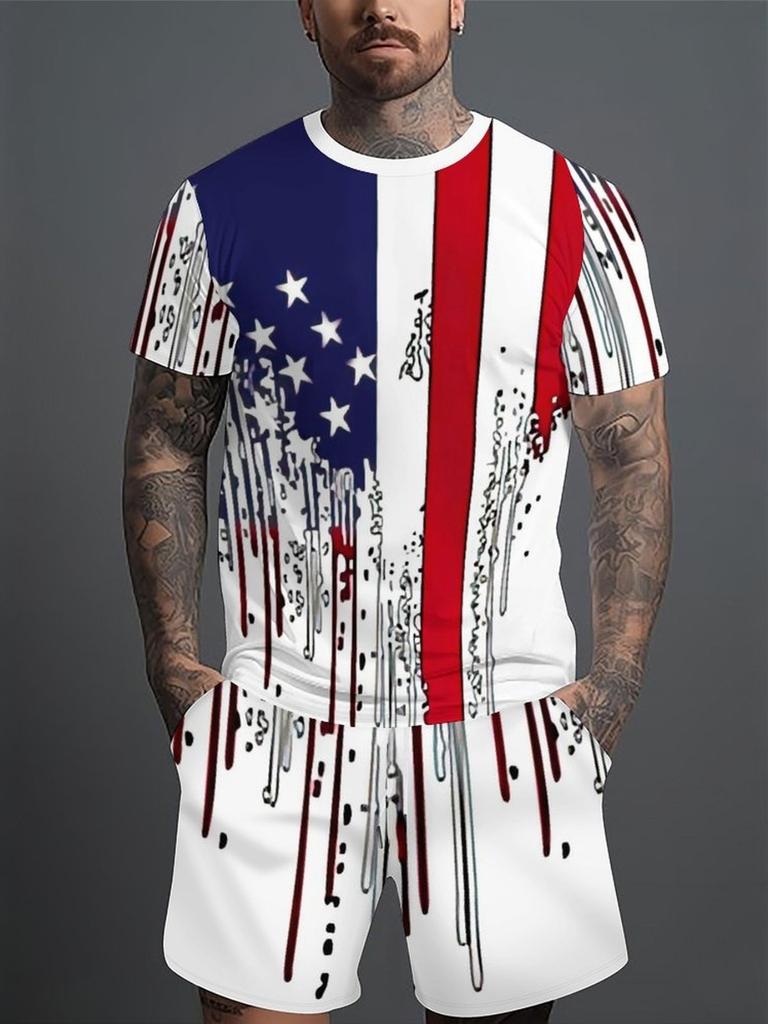 Men's T-Shirt And Shorts Set Red White Blue Star Flag Print Casual Summer Outfit With Crew Neck Short Sleeve Tees Sets