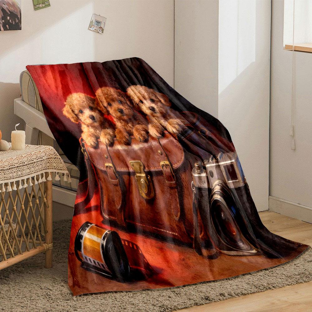 Two Puppies on A Box in A Retro Style Printing Blanket Adult Children Warm Blankets Home Travel Soft and Comfortable Blanket
