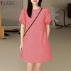 ZANZEA Damen Freizeit Rundhals Gitterdruck Sommer Kurzarm Kleid