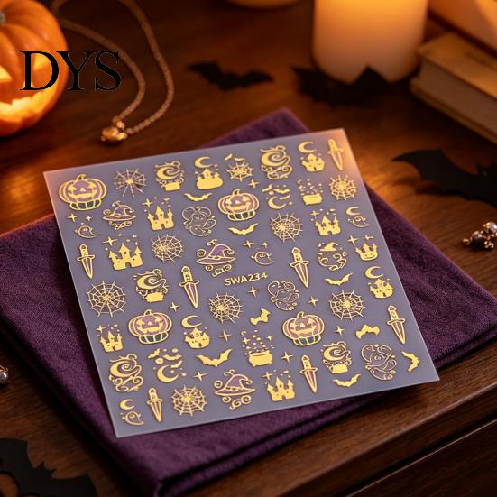 Holiday Nail Stickers Halloween 3D Art Stickers, Metallic Golden Pumpkin Ghost Spider Web DIY Supplies Witch Hat Decals, Self-Adhesive Manicure