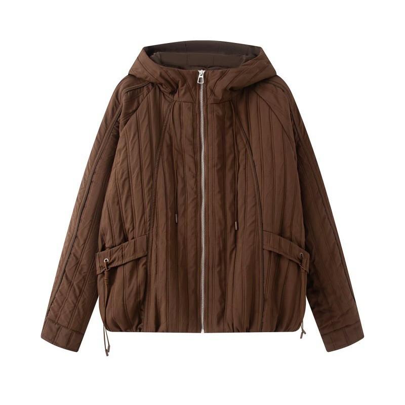 Womens Vintage Casual Hooded Cotton Jacket Striped Double Line Fall Winter Daily Wear