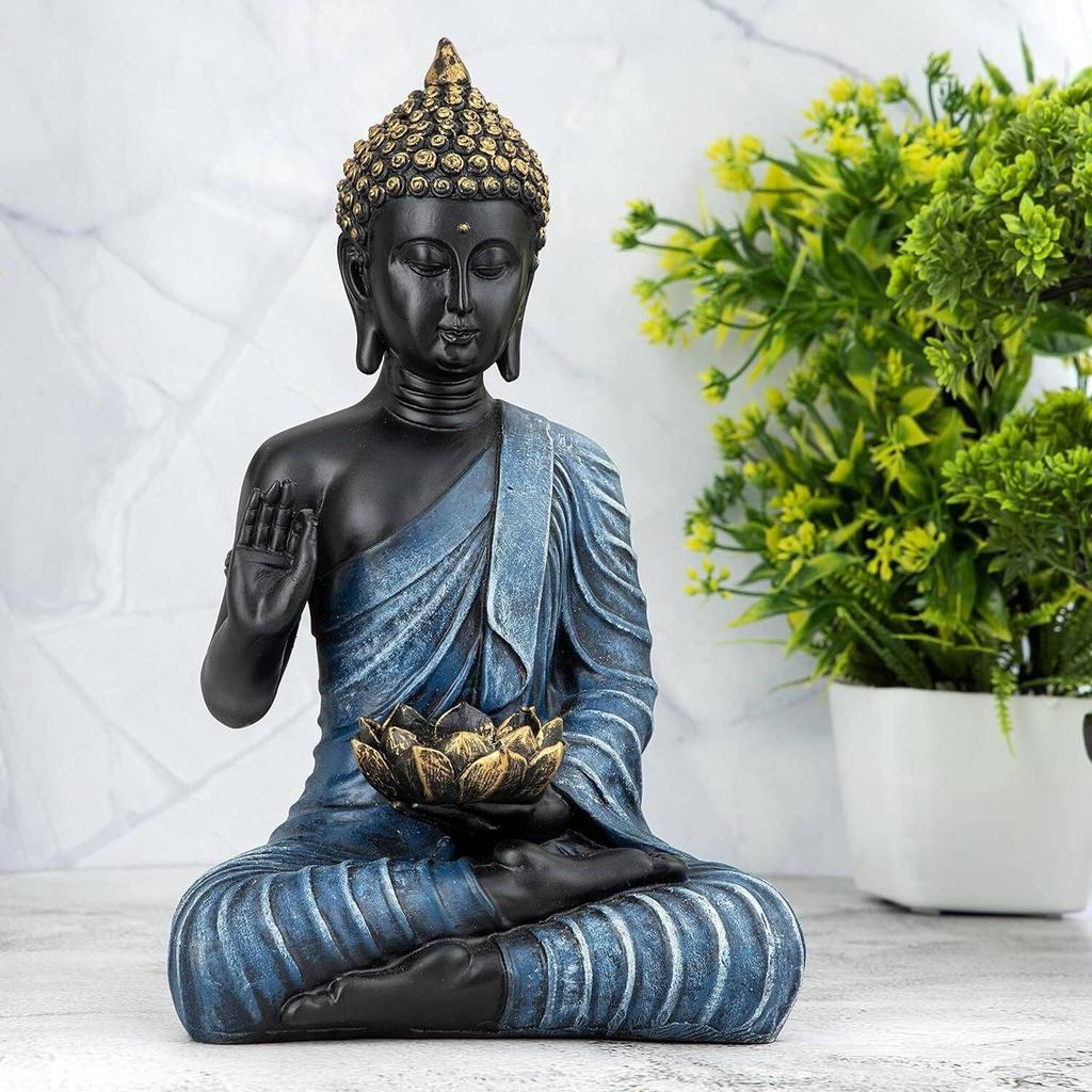 Meditující sedící socha Buddhy ozdobný kus Idol Domácí dekorace Obývací pokoj Dárky Dekorativní ozdobný kus - 27 cm (Pryskyřice, Modrá, Černá)