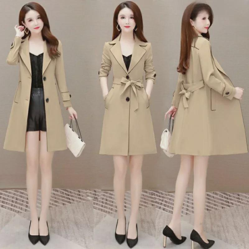 Women's Mid-Length Trench Coat, 2023 Korean Style, Slim Fit, Sizes 25-45, Suitable for Spring & Autumn.