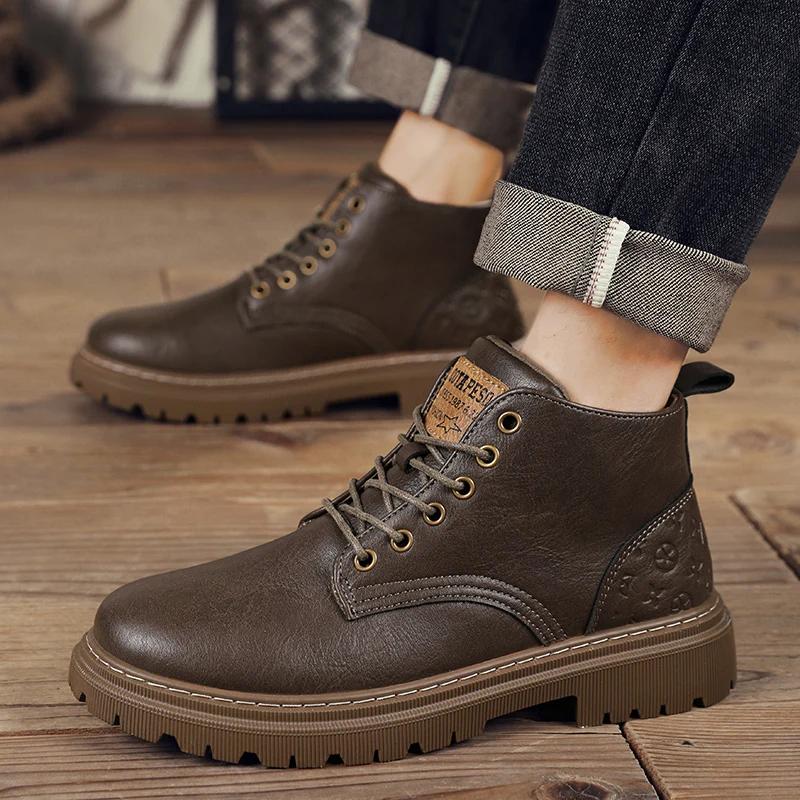 Winter Men Boots British Style Mens Ankle Boots High Top Business Leather Boots Outdoor Casual Shoes Thick Soled Work Boots