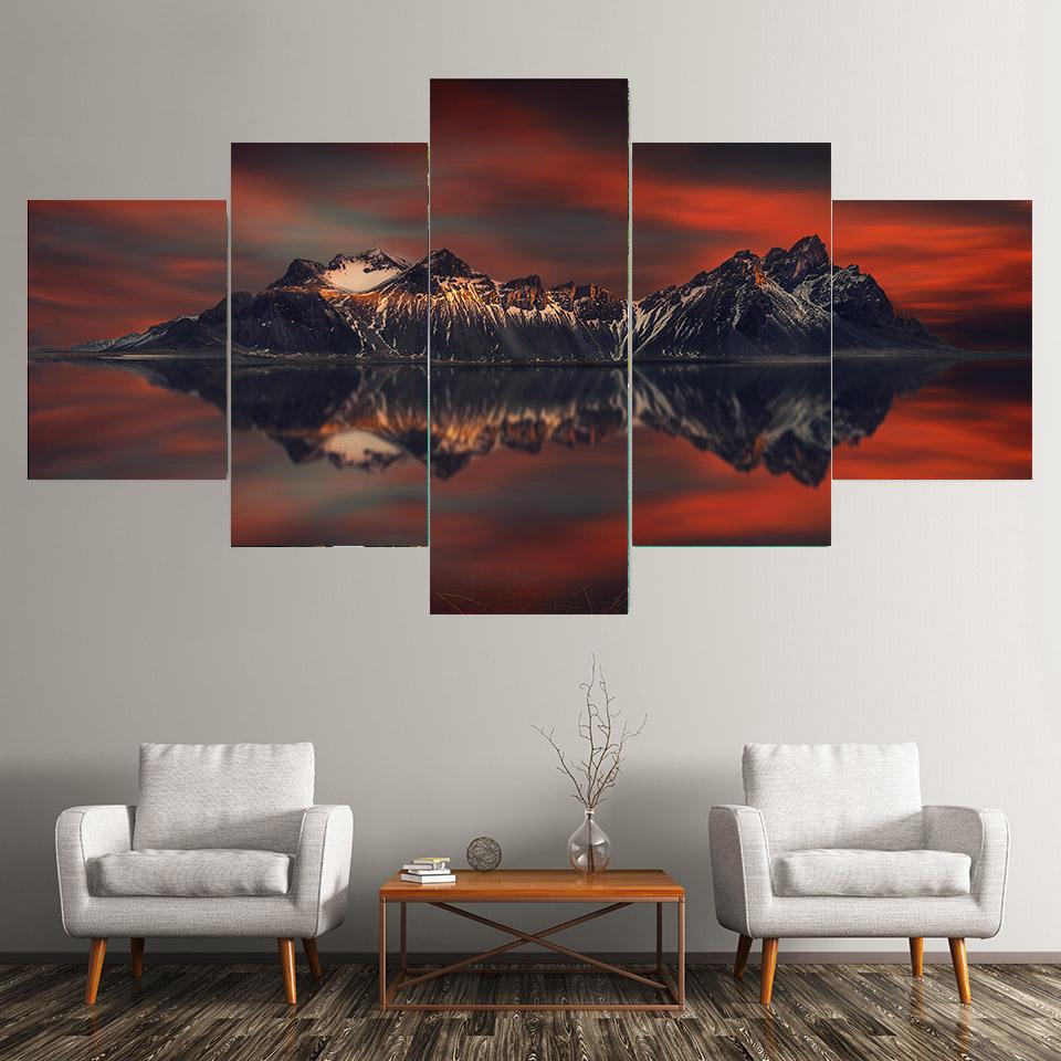 5 Panels Landscape Iceland lMountain Reflection Canvas Painting Posters and Prints Wall Art Pictures Room Home Decor No Frame