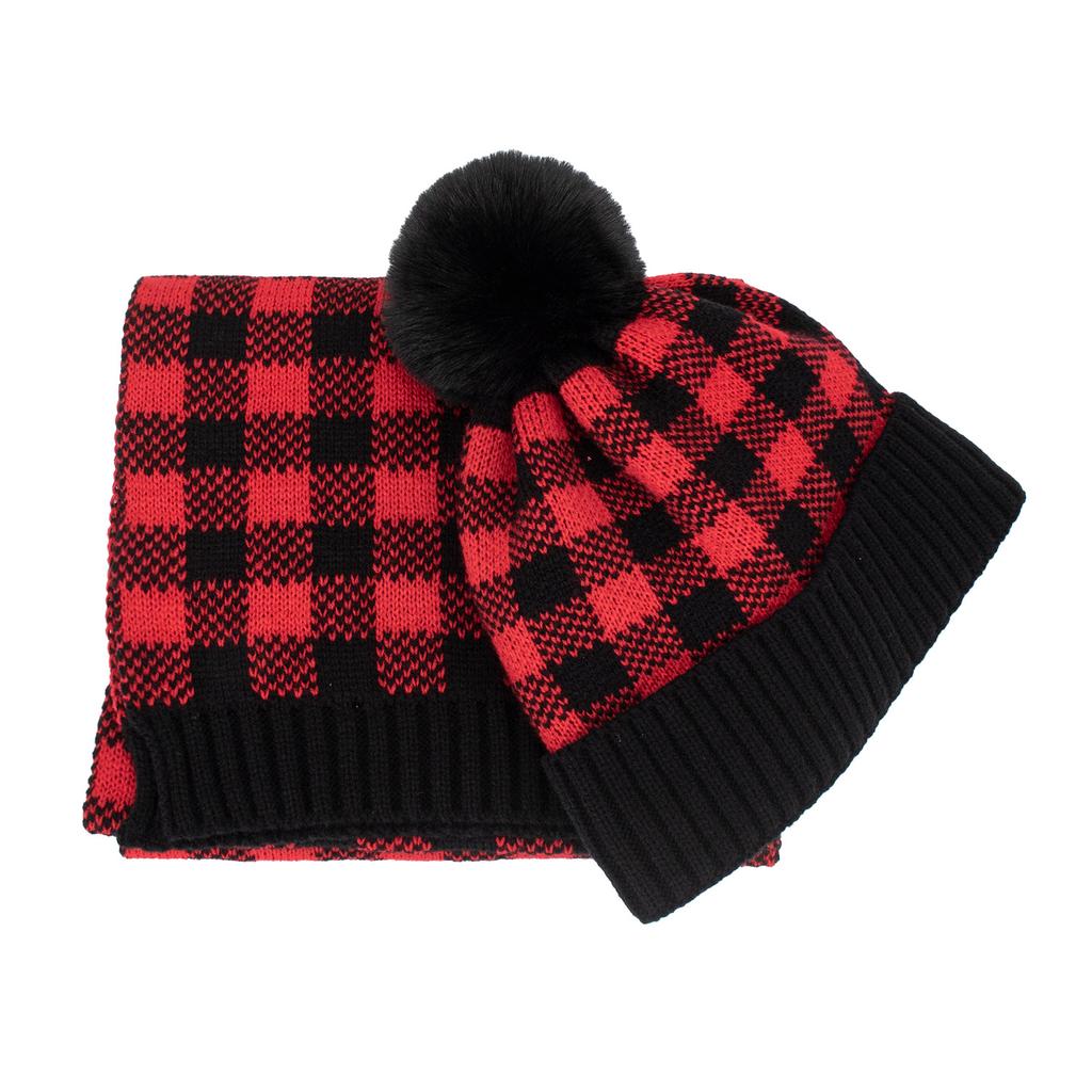Autumn and winter new red and black plaid warm knitted winter hat pullover hat scarf set