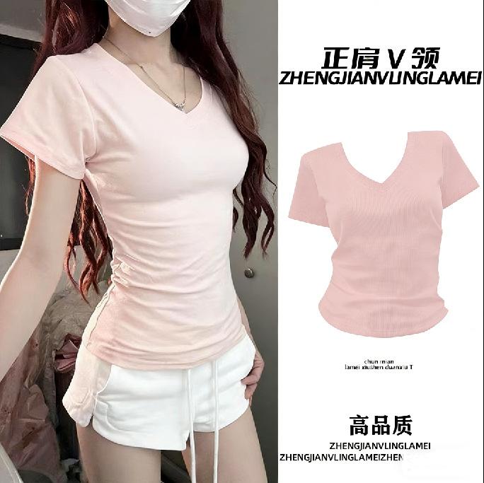 Pure Desire Sexy V-neck Low-cut Waist Short-sleeved T-shirt for Women's Summer Sexy Babes Solid Color Slim-fit Bottoming Top for Women