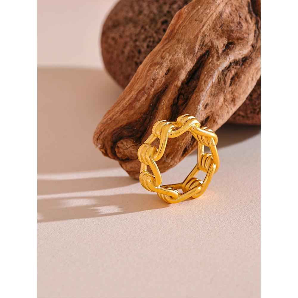 Yhpup Individualistic Stainless Steel Chain Hollow Ring Water Resistant Metal Statement Gold Color Charm Finger Jewelry New