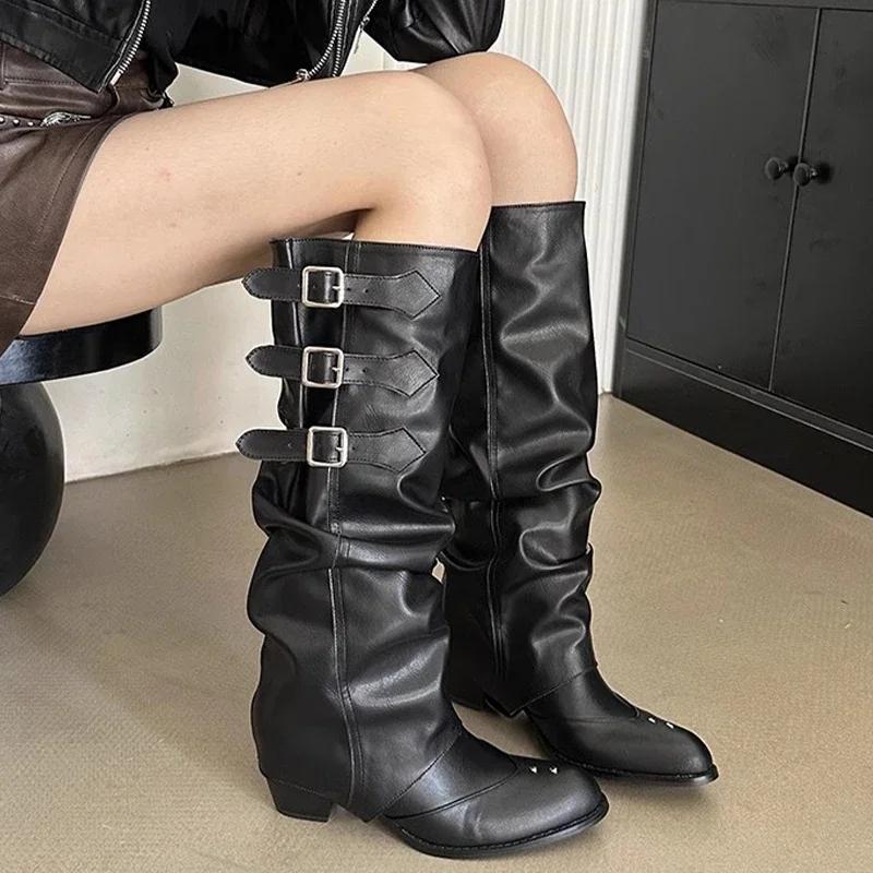 Fashion Women Pointed Toe Chelsea Boots Knee High Mid Heels Chunky Pleated Shoes Designer New Motorcycle Boots Pumps Sexy Mujer Zapatos