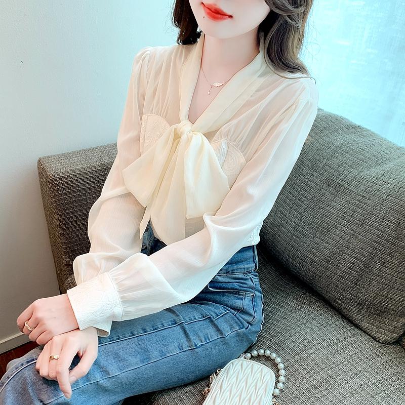 Mode Neue 2024 Herbst Langarm Bogen Kragen Büro Casual Apricot Chiffon Bluse Shirt Frauen Tops Blusen Shirts J479