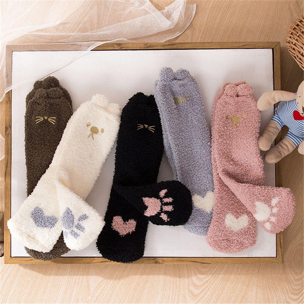 

Зимние теплые носки для сна, мягкие 3D носки с ушками животных, утолщенные бархатные носки кораллового цвета с вышивкой