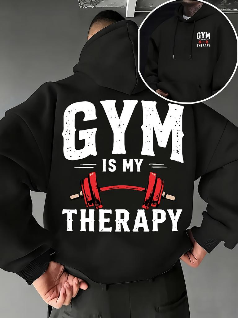 Fitnessstudio ist meine Therapie Langhantel Fitness Doppelseitig Bedruckt Herren Hip Hop Sport Hoodie, Retro Sport Komfort Locker Lässig Sweatshirt