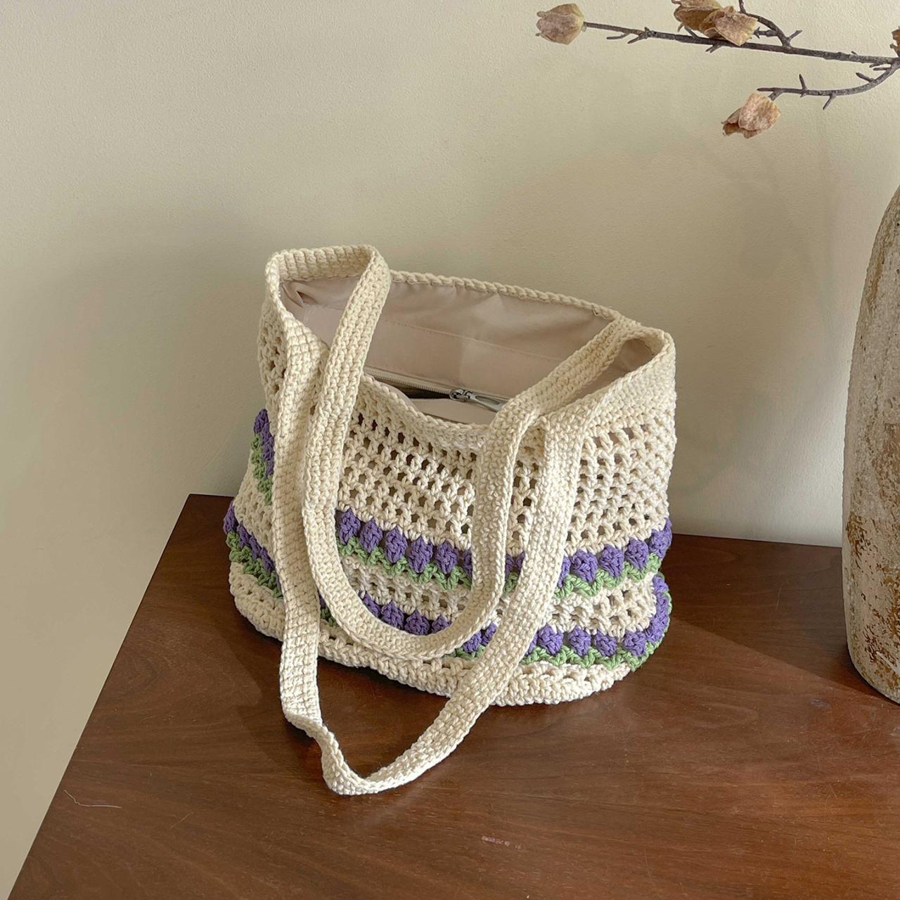 

Summer Bohemian Crochet Beach Bag for Women Handmade Hollow-Out Woven Tote Bag Colorful Stripes Shoulder Bag for Travel Vacati