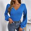 Ladies Autumn Winter Long Sleeve V Neck Solid Color Slim Fit Pullover T Shirt Top