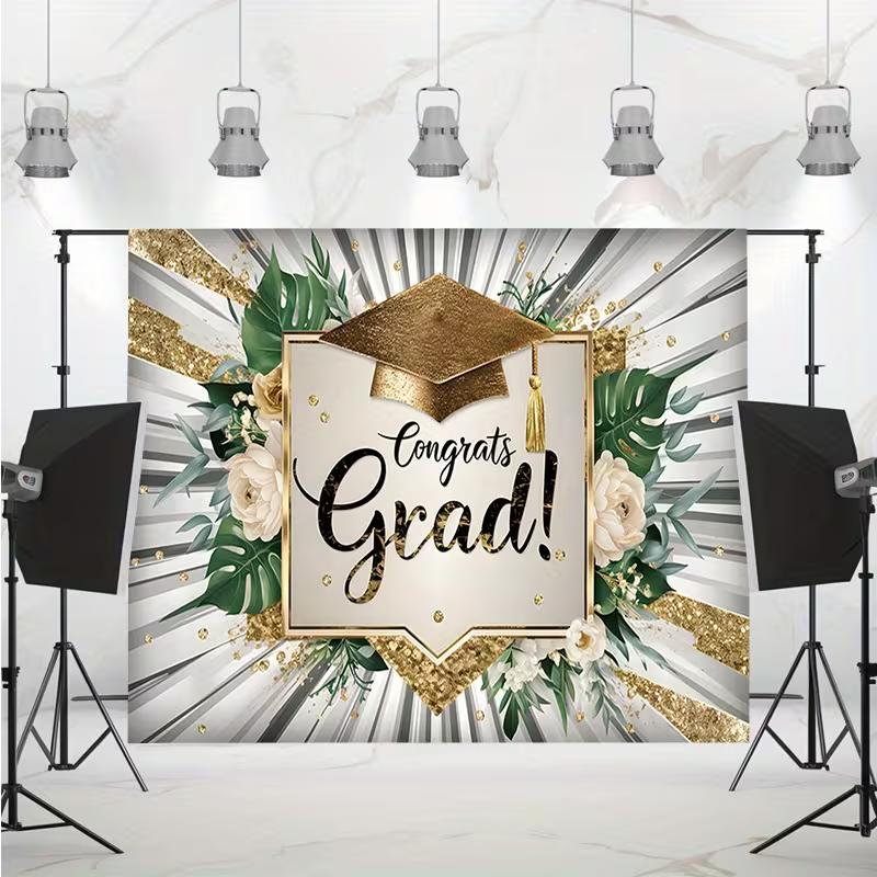 Elegant Gold Glitter Grad Backdrop, 150x130cm Greenery White Roses Grad Cap Tapestry for Grad Party Decor