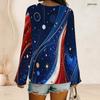 Women Plus Size V Neck Long Sleeve Printed Top Red White Blue Star Striped Curved Hem