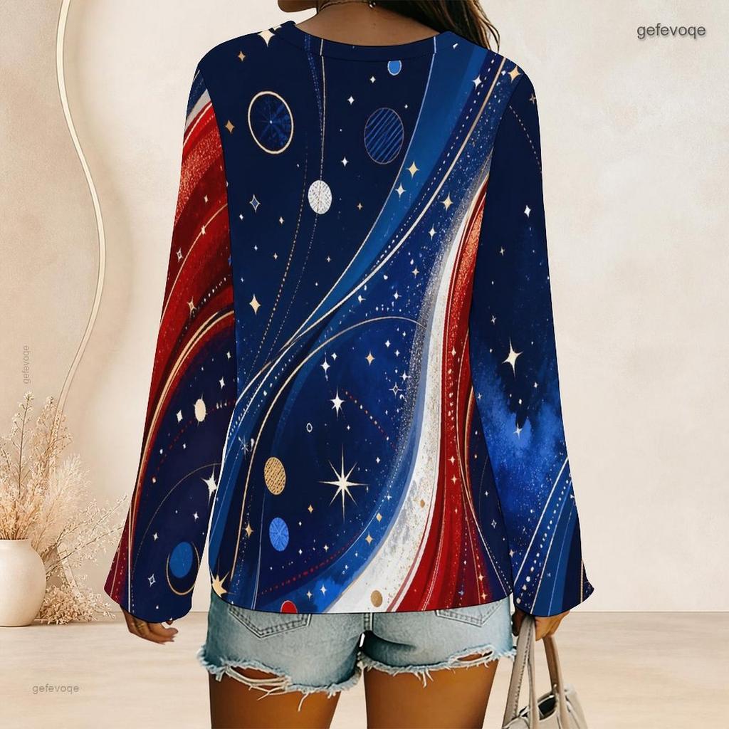 Women Plus Size V Neck Long Sleeve Printed Top Red White Blue Star Striped Curved Hem