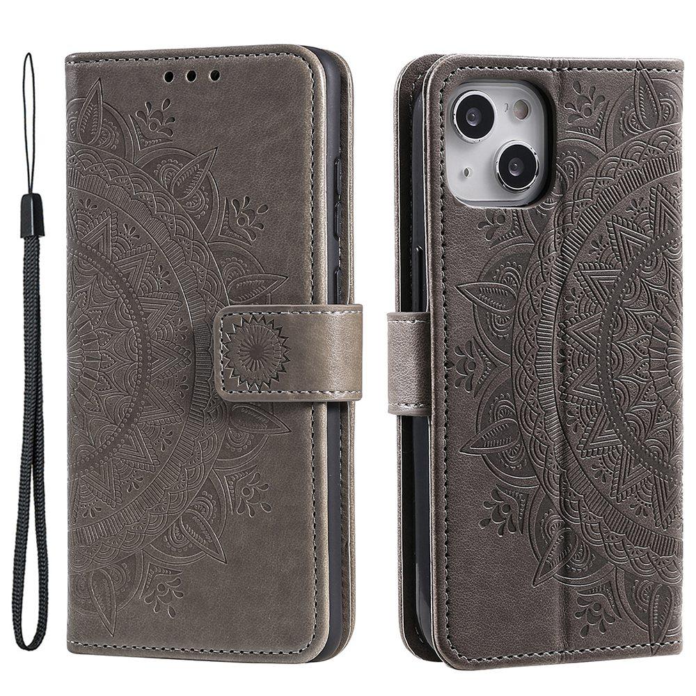 

For iPhone 15 Plus Mandala Flower Imprint Protective Case PU Leather Wallet Stand Phone Cover with Strap Grey