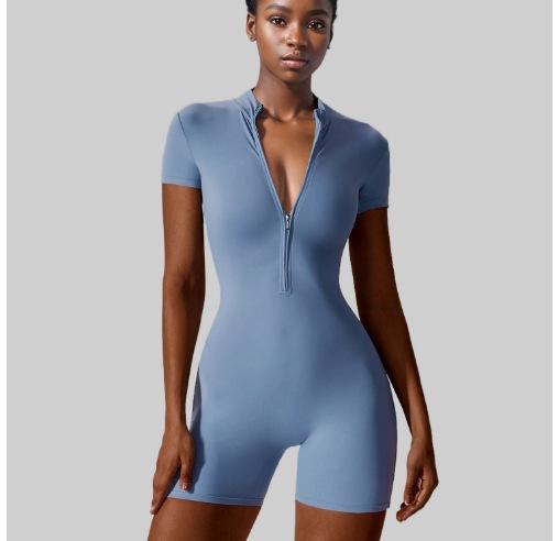 Women Half Zip Short Sleeve Yoga Romper High Stretch Tight Workout Jumpsuit Sport Dance Fitness Bodysuit Shorts Playsuit