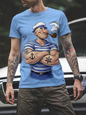 Men's Short-Sleeve T-Shirt Popeye the Sailor Graphic Print, Classic Striped Design, Ideal for Casual Daily Wear & Nostalgia Fans