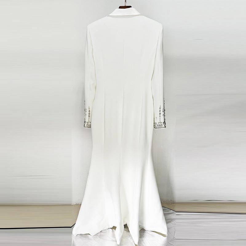 High Street Newest Designer Fashion Women's Long Sleeve Notched Collar Rhinestone Diamonds Beading Maxi Long Dress