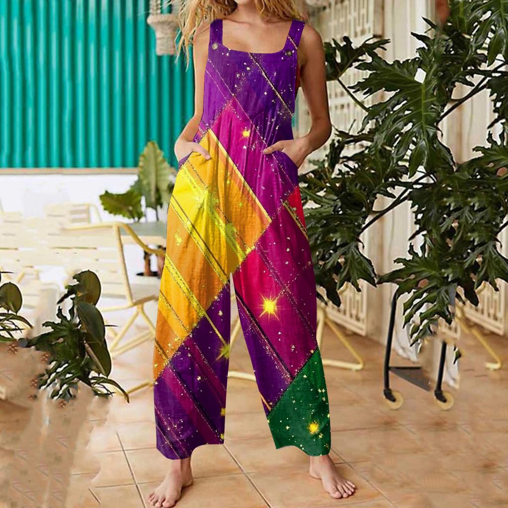 Womens Casual Overalls Jumpsuits Adjustable Straps Sleeveless Carnival Print Comfy Rompers With Pocket