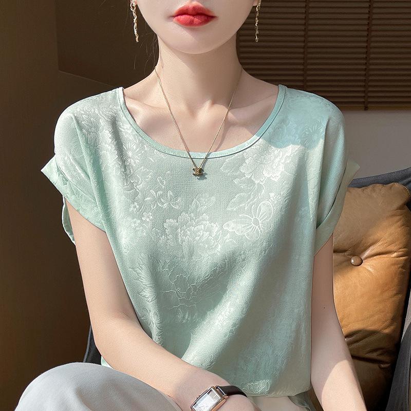 Camiseta de Verano para Mujer de Cuello Redondo y Manga Corta, Holgada y Ajustada, Versátil y Elegante Top Casual