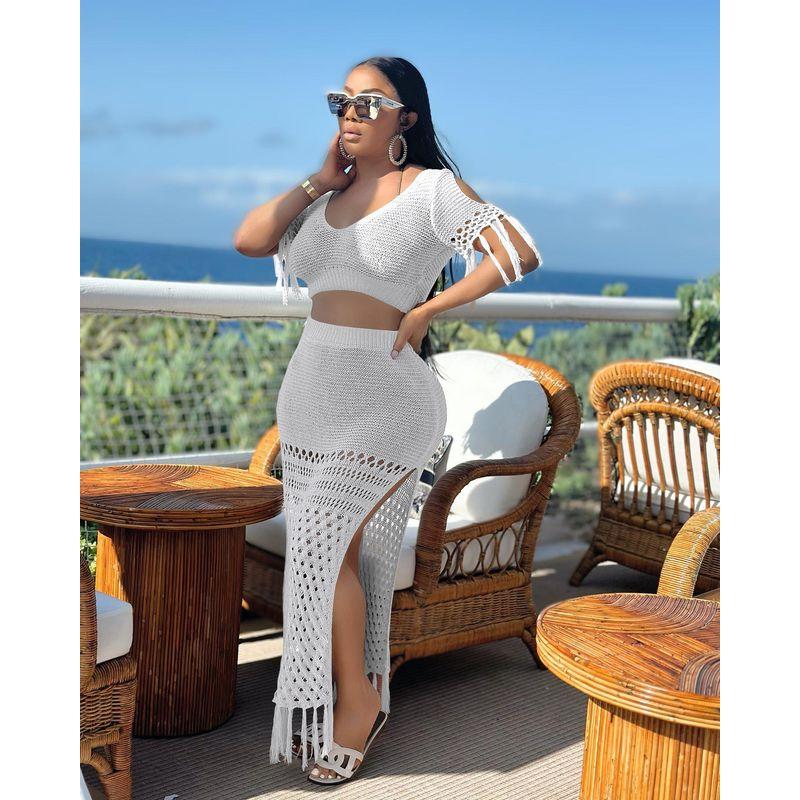 

Jp1086 Cross-Border European and American Ladies Casual Sexy Slit Wool Hand Crochet Knitting Tassel Two-Piece Suit JP1086-1 White XXL
