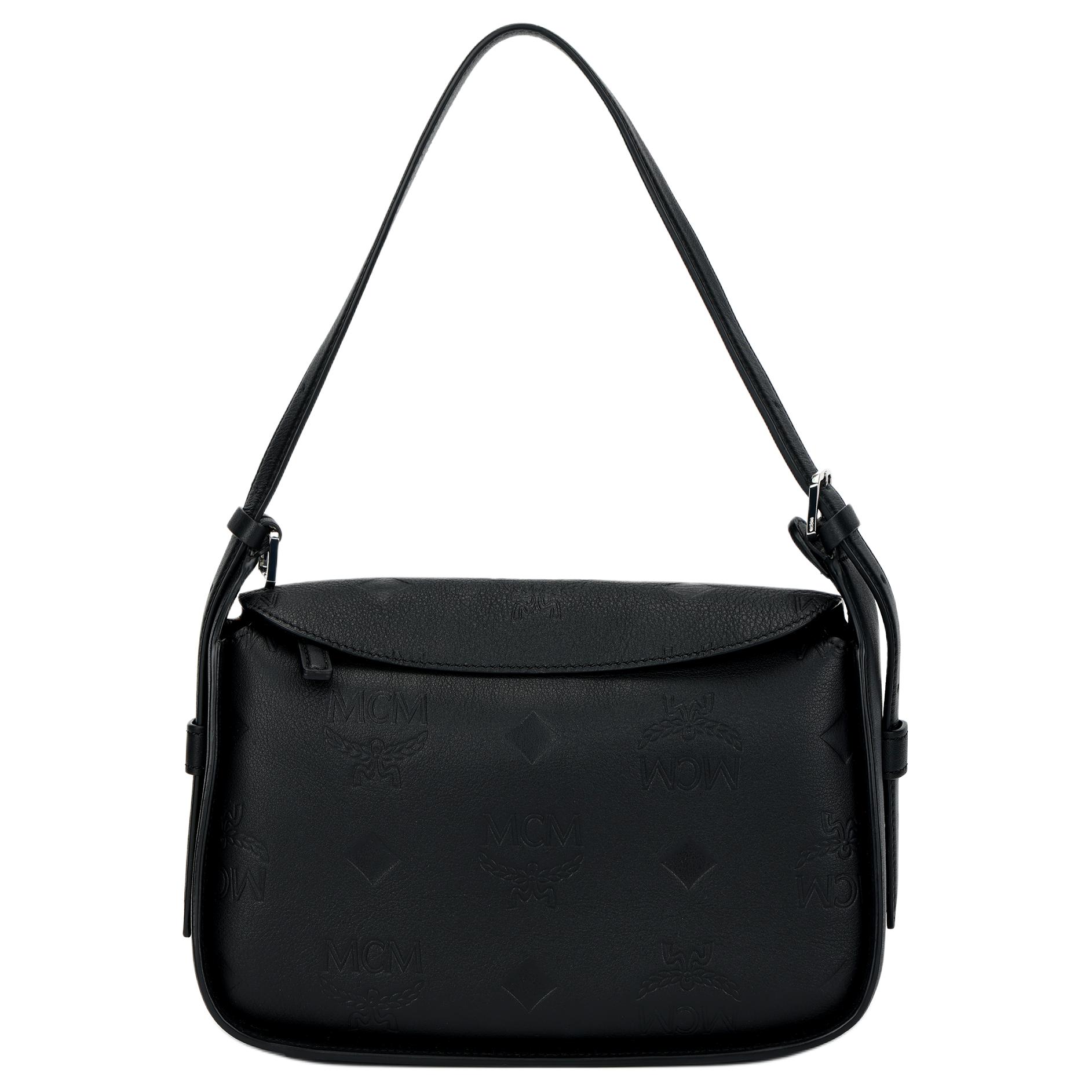 MCM Aren Klassiek Logo Patroon Reli&euml;f Klep Ritssluiting Leer Onderarm Schouder Crossbody Tas Kleine Dames tassen Zwart MWHDSTA03BK001 Basic Set (Bag+Dust Bag)