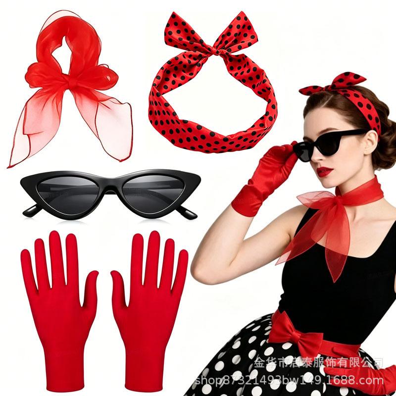 Costume Retro Party Outfit Set with Headband Scarf Glasses Gloves Accessories, 1208