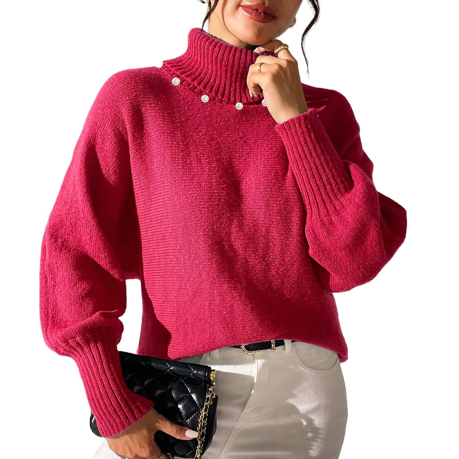 

Женское осенне-зимнее базовое пальто с однотонным верхом и жемчужными бусинами для ногтей, свитер с высоким воротом M красный