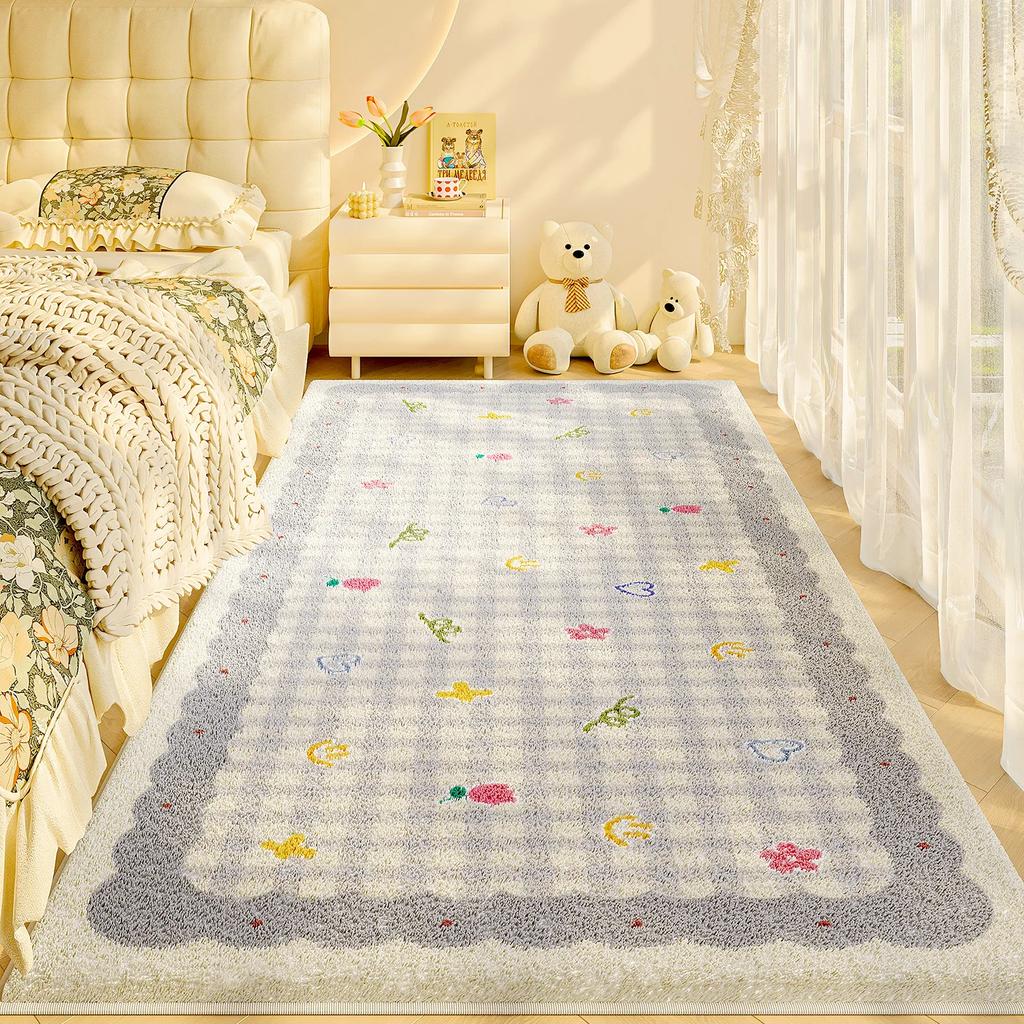 Plaid Cartoon Bedroom Bedside Carpet Light Luxury High End New Cute Carpets Girl Bedroom Children Room Thick Plush Soft Rug 
