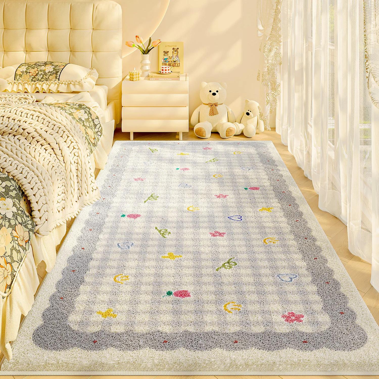 

Клетчатый Мультяшный Ковер для Спальни Прикроватный Легкий Роскошный Высококлассный Новый Милый Ковер для Комнаты Девочки Детской Комнаты Толстый Плюшевый Мягкий Коврик 60x90cm(23x35in)