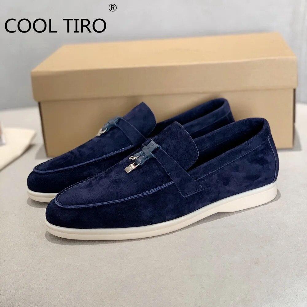 Woman Flat Shoes Slip On Women Loafers Leather Metal Lock Blue Suede Moccasins Mules Casual Driving Shoe Summer Walk Shoes Femme