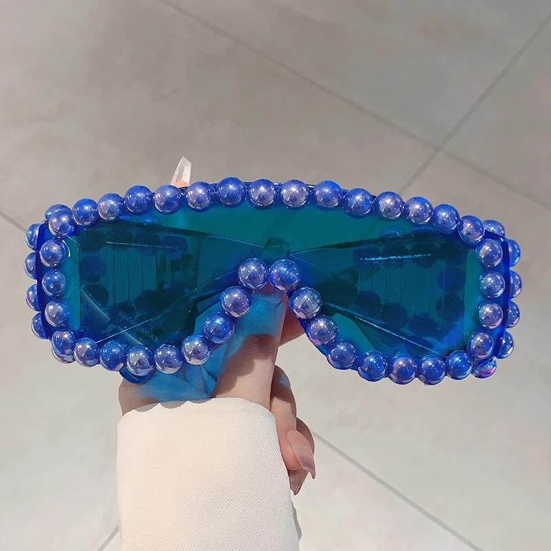 Women Chic Pearls Warp Around Sun Glasses Stylish Candy Color Decor Shades Original Brand Design Travel Holiday Goggle
