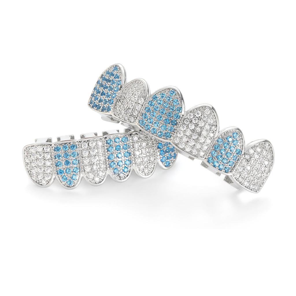 Men's Gold-Plated Flat Grill with Blue & White Zircon Diamonds - Two-Tone, Six-Tooth Hip Hop Style
