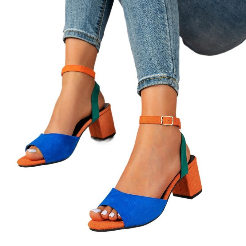 European and American colored plus size high-heeled sandals for women 2025 new round toe fashionable thick heel sandals
