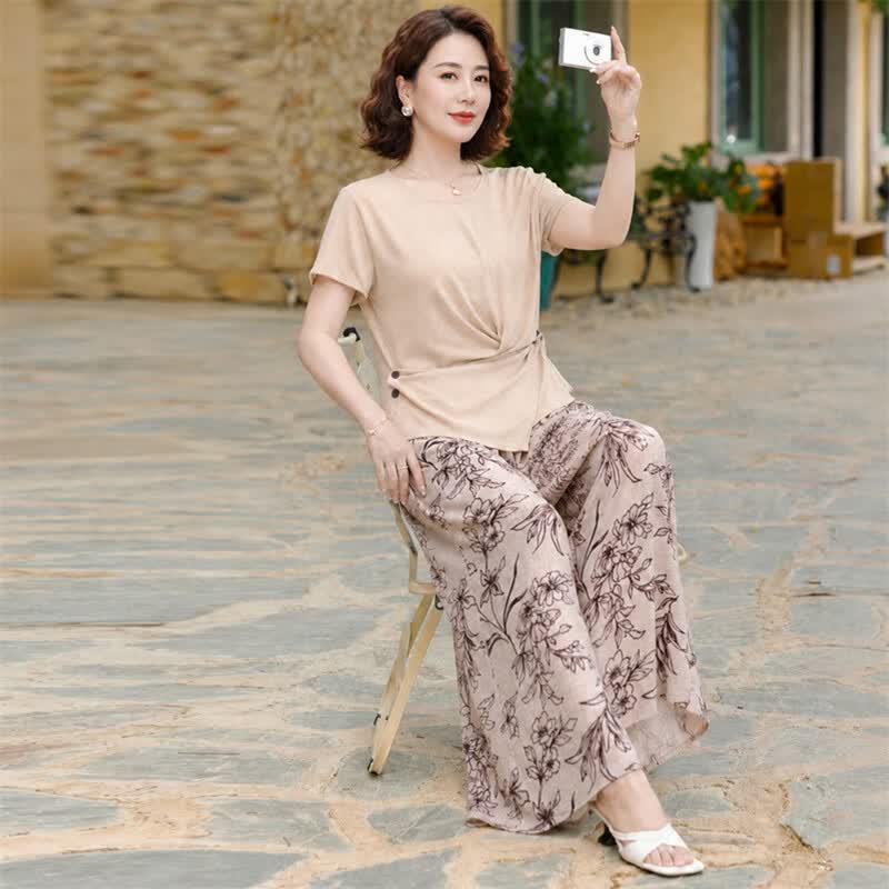 Women's Floral Print Wide-Leg Short-Sleeve Two-Piece Set