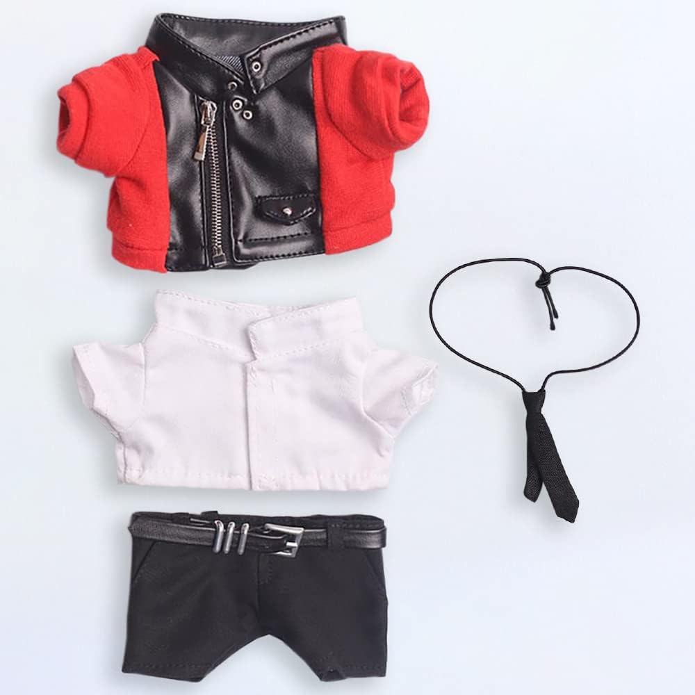 niannyyhouse 20cm Doll Clothes Plush Suit Leather Jacket White Shirt Tie Pants Cotton Outfit Red