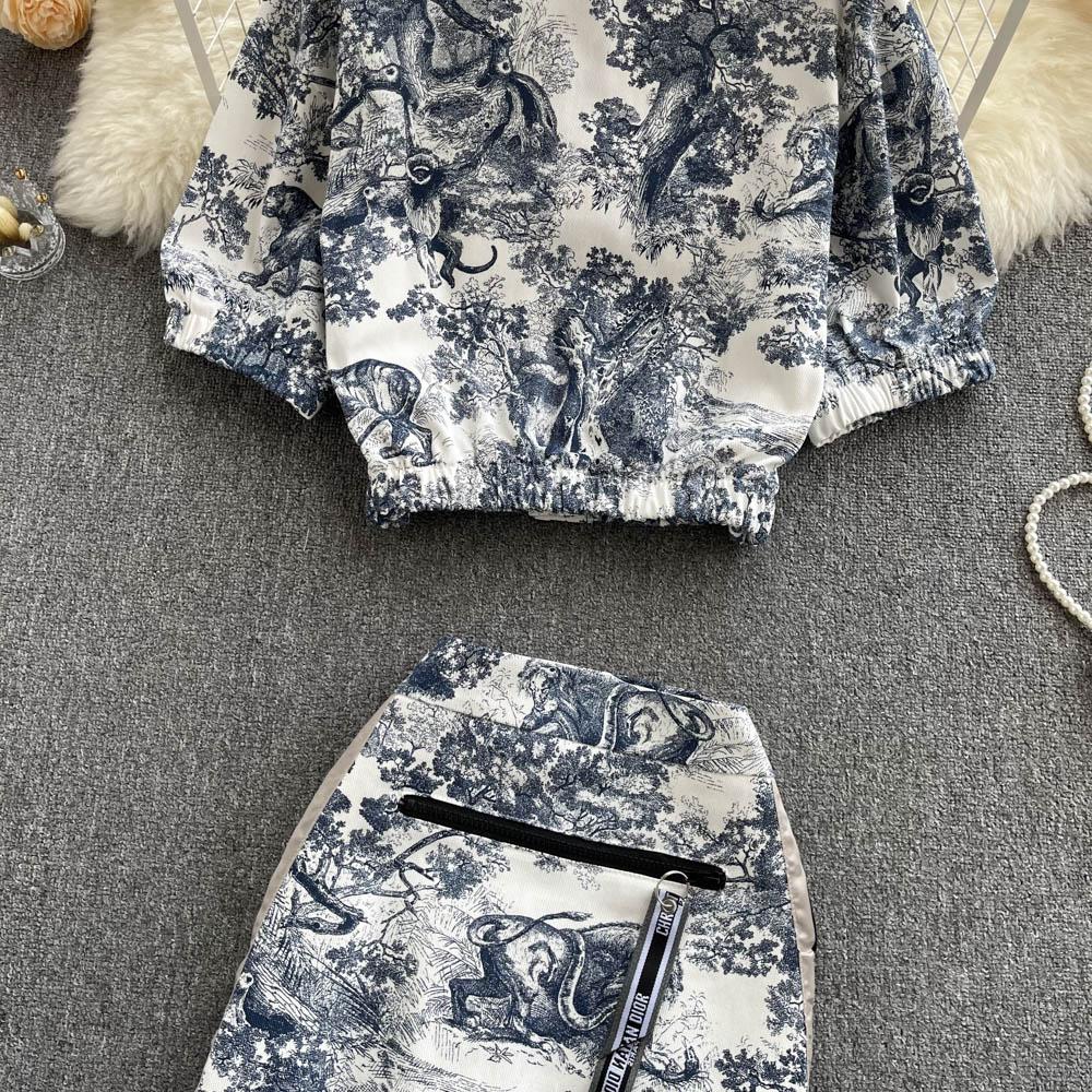 RUGOD Fashionable Temperament Suit Women's Tie-dye Printed Short Shirt High Waist A-line Skirt Western Style Two-piece Suit
