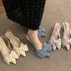 Suede Bow Bag Head Sandals Women's Shoes Spring and Summer New Kitten Heel Empty Pointed Single Shoes